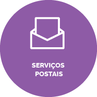 Fundo roxo. ícone  de uma carta aberta. Texto: Serviços postais