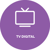 Botão com fundo roxo. ícone de uma televisão. Texto: Tv digital
