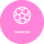 Botão com fundo lilás, contém ícone de uma bola. Texto: Esportes