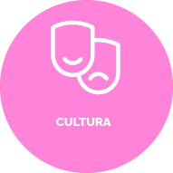 Botão com fundo lilás, contém um ícone de cultura. Texto: Cultura