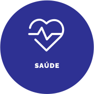 Botão com fundo azul escuro, contém um ícone de um coração. Texto: Saúde