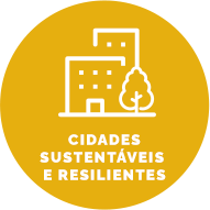 Botão com fundo amarelo escuro, contém um ícone de prédios e uma árvore. Texto: Cidades Sustentáveis e Resilientes