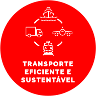 Botão com fundo vermelho, contém um ícone de um círculo com vários veículos. Texto: Transporte Eficiente e Sustentável