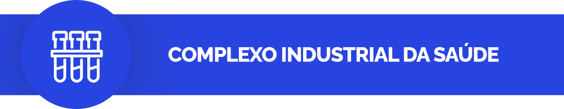 Fundo azul. Ícone de tubos de coleta. Texto: Complexo industrial da saúde