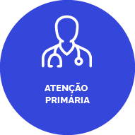Botão com fundo azul. Ícone de um médico com um estetoscópio no pescoço. Texto: Atenção Primária