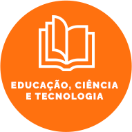 Botão com fundo marrom, contém um ícone de um capelo (chapéu de formando). Texto: Educação, Ciência e Tecnologia