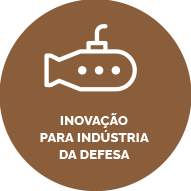 Botão com fundo marrom, contém um ícone de um submarino. Texto: Inovação para a Indústria da Defesa