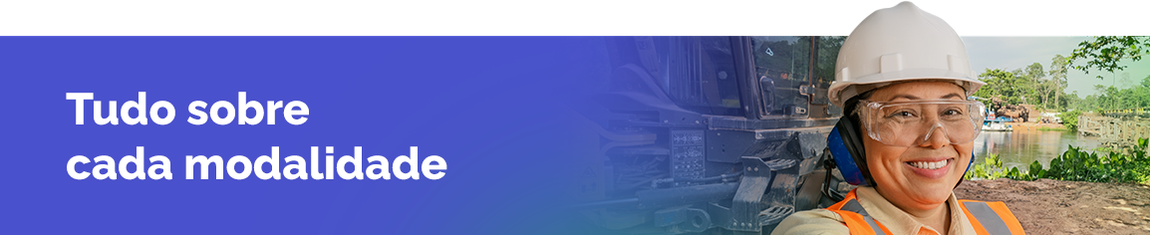 Uma trabalhadora sorri. Ela usa colete, óculos e capacete de proteção. Texto: Tudo sobre cada modalidade