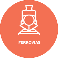 Fundo rosa Salmão. Ícone de um trem. Texto: Ferrovias