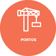 Fundo rosa Salmão. Ícone de um guindaste. Texto: Portos