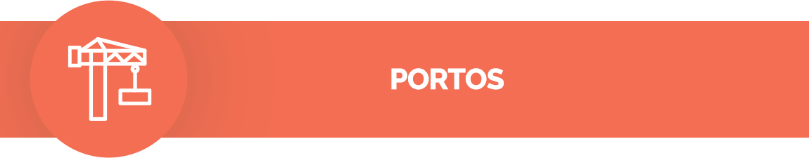 Fundo rosa Salmão, ícone de um guindaste. Texto: Portos