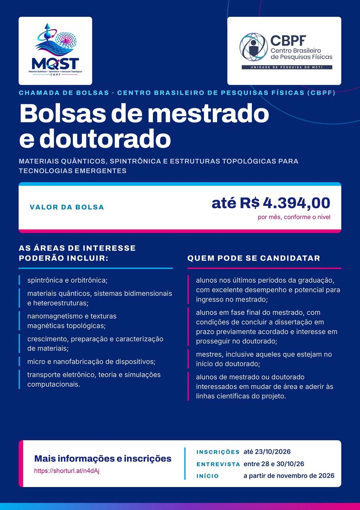 Bolsas de mestrado e doutorado em materiais quânticos