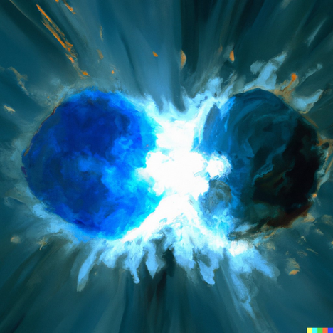 Impressão Artística criada por Inteligência Artificial da colisão de duas estrelas de nêutrons