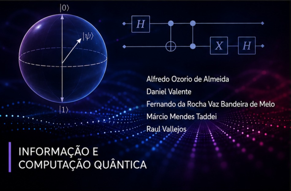 Ilustração com equações físicas, diagramas de interação de partículas e uma malha espacial abstrata em tons de azul, representando conceitos da teoria quântica de campos.
