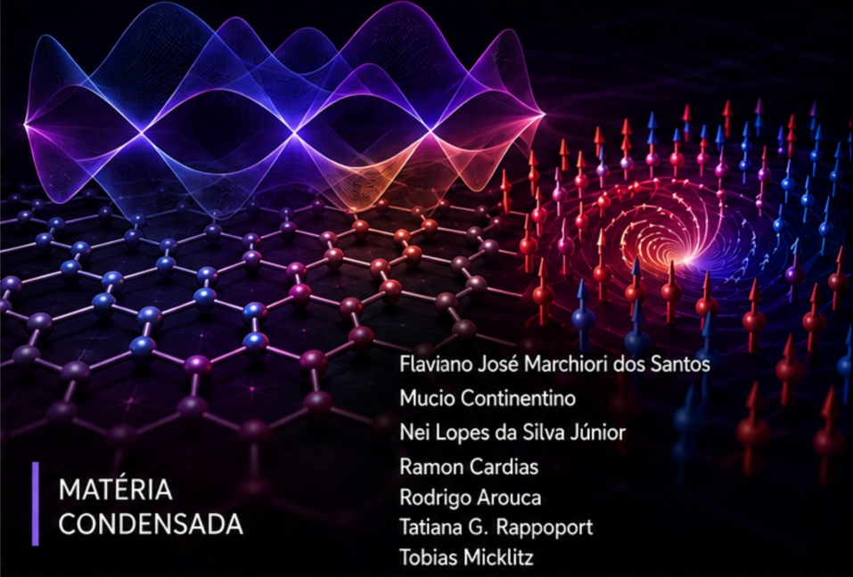 Ilustração científica com estrutura cristalina em rede, ondas coloridas e um vórtice magnético em tons de roxo e vermelho sobre fundo escuro, representando fenômenos da matéria condensada.
