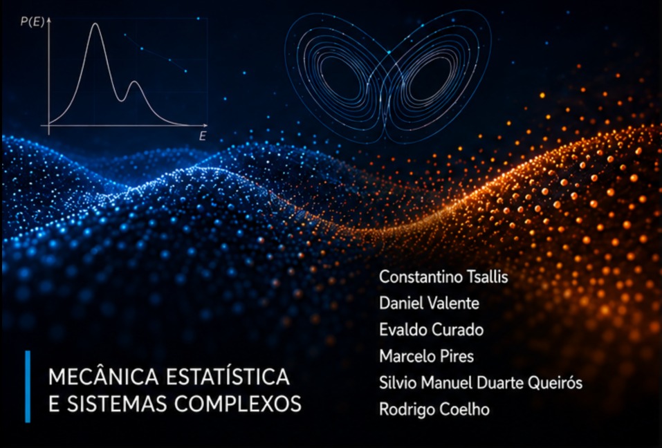 Ilustração abstrata com partículas azuis e laranjas formando ondas dinâmicas sobre fundo escuro. Acima, aparecem gráficos e padrões matemáticos relacionados a sistemas complexos.