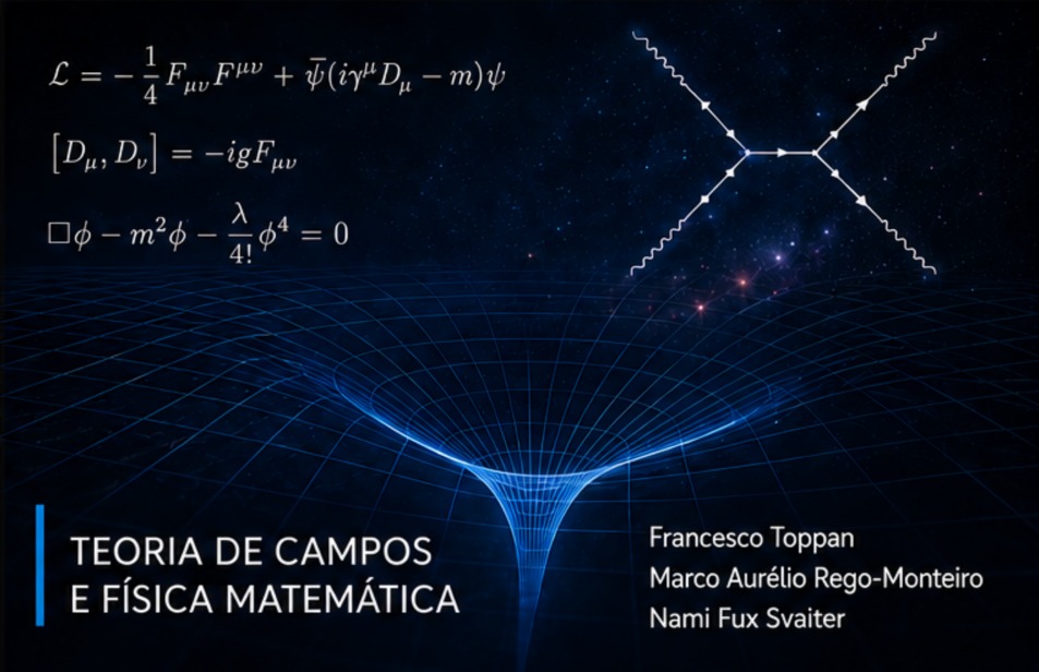 Ilustração com equações físicas, diagramas de interação de partículas e uma malha espacial abstrata em tons de azul, representando conceitos da teoria quântica de campos.