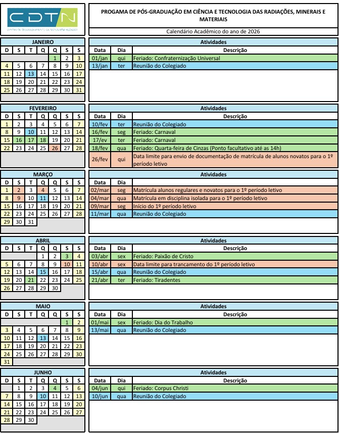 Calendário Jan - Jun 2026