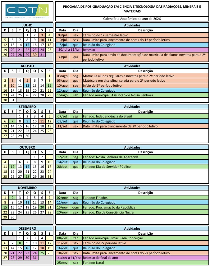 Calendário Jul - Dez 2026