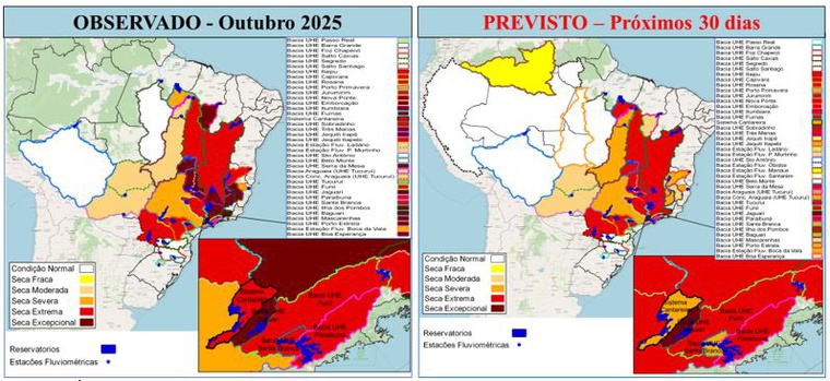 Figura 3. Índice Bivariado de Seca (Chuva-Vazão) - TSI 6 e 12 para o mês de outubro (observado, esquerda) e novembro de 2025 (previsão, direita). As delimitações coloridas representam as principais bacias monitoradas ao longo do país com suas respectivas classes de seca (variando de excepcional a seca fraca) e a condição dentro da normalidade. Fonte dos dados observados entre janeiro/1981 e outubro/2025: Precipitação (CHIRPS); e Vazão (Agência Nacional de Águas e Saneamento Básico - ANA/Operador Nacional do Sistema Elétrico - ONS). Fonte da previsão de precipitação: Climate Forecast System (CFS).