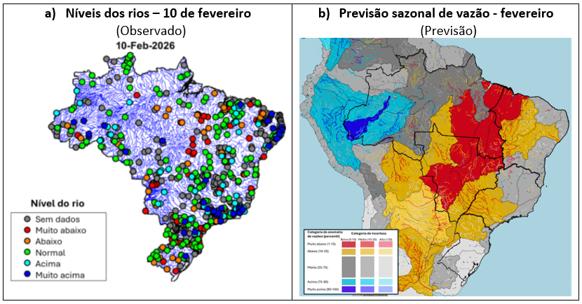 Figura 1. Situação dos níveis dos rios no Brasil em 4 de março em relação a média climatologica das estações hidrológicas de medição (a) e previsão Sazonal de vazão natural dos rios para fevereiro de 2026 – FMA (b).