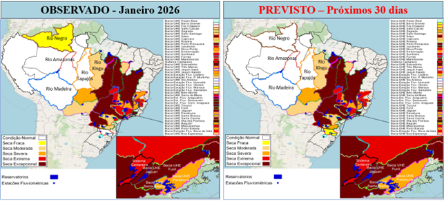 Figura 3. Índice Bivariado de Seca Chuva–Vazão - TSI, nas escalas temporais de 6 e 12 meses. À esquerda, janeiro de 2026 (condição observada); à direita, fevereiro de 2026 (condição prevista). As delimitações coloridas representam as principais bacias monitoradas no país com suas respectivas classes de seca (variando de excepcional a seca fraca) e a condição dentro da normalidade. Fonte dos dados observados entre janeiro/1981 e janeiro/2026: Precipitação (CHIRPS); e Vazão (Agência Nacional de Águas e Saneamento Básico - ANA/Operador Nacional do Sistema Elétrico - ONS). Fonte da previsão de precipitação: Climate Forecast System - CFS.