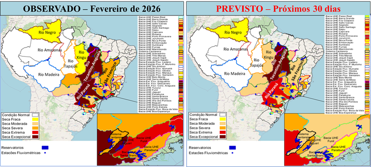 Figura 3 - Índice Bivariado de Seca Chuva–Vazão - TSI, nas escalas temporais de 6 e 12 meses. À esquerda, fevereiro de 2026 (condição observada); à direita, março de 2026 (condição prevista). As delimitações coloridas representam as principais bacias monitoradas no país com suas respectivas classes de seca (variando de excepcional a seca fraca) e a condição dentro da normalidade. Fonte dos dados observados entre janeiro/1981 e fevereiro/2026: Precipitação (CHIRPS); e Vazão (Agência Nacional de Águas e Saneamento Básico - ANA/Operador Nacional do Sistema Elétrico - ONS). Fonte da previsão de precipitação: Climate Forecast System - CFS.