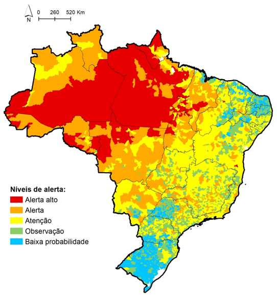 Figura 7 – Previsão de risco de fogo para os municípios brasileiros no trimestre agosto-setembro-outubro de 2026, considerando a previsão climática sazonal do GloSea6/MetOffice.
