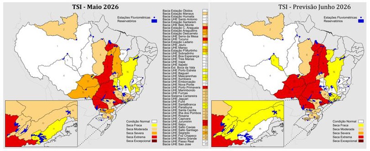 Figura 3 - Índice Bivariado de Seca Chuva–Vazão - TSI, nas escalas temporais de 6 e 12 meses. À esquerda, maio de 2026 (condição observada); à direita, junho de 2026 (condição prevista). As delimitações coloridas representam as principais bacias monitoradas no país com suas respectivas classes de seca (variando de excepcional a seca fraca) e a condição dentro da normalidade. Fonte dos dados observados entre janeiro/1981 e mai/2026: Precipitação (CHIRPS); e Vazão (Agência Nacional de Águas e Saneamento Básico - ANA/Operador Nacional do Sistema Elétrico - ONS). Fonte da previsão de precipitação: Climate Forecast System – CFS e CEMADEN.