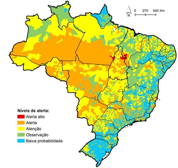 Figura 6 – Distribuição espacial da previsão de probabilidade de corrência de fogo para o trimestre junho-julho-agosto de 2026 no Brasil.