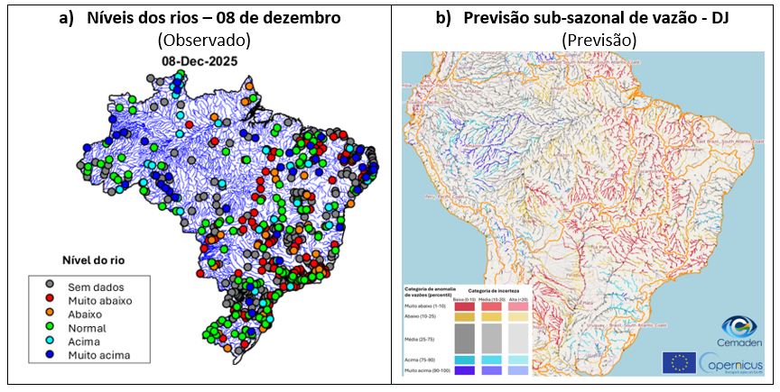 Figura 1. Situação dos níveis dos rios no Brasil em 08 de dezembro em relação a climatologia das estações hidrológicas de medição (a) e previsão sub-sazonal de vazão entre dezembro de 2025 e janeiro de 2026 – DJ (b).