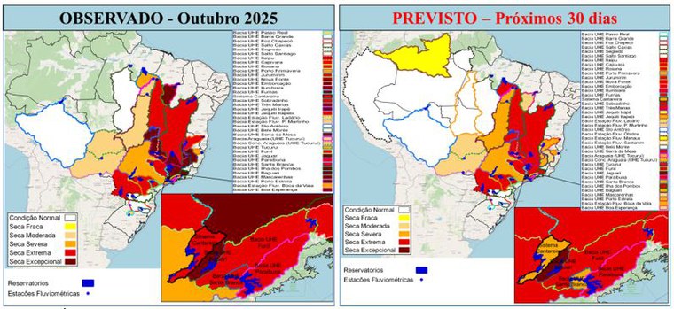 Figura 3. Índice Bivariado de Seca (Chuva-Vazão) - TSI 6 e 12 para o mês de outubro (observado, esquerda) e novembro de 2025 (previsão, direita). As delimitações coloridas representam as principais bacias monitoradas ao longo do país com suas respectivas classes de seca (variando de excepcional a seca fraca) e a condição dentro da normalidade. Fonte dos dados observados entre janeiro/1981 e outubro/2025: Precipitação (CHIRPS); e Vazão (Agência Nacional de Águas e Saneamento Básico - ANA/Operador Nacional do Sistema Elétrico - ONS). Fonte da previsão de precipitação: Climate Forecast System (CFS). 