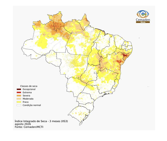 Mapa mostra a situação de seca no país. Quanto mais escura a cor, mais intensa a seca. Fonte: Cemaden/MCTI.