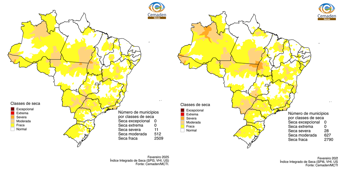 Figura 1 - Índice Integrado de Seca (IIS) referente ao mês de fevereiro de 2025 nas escalas de 3 meses (IIS3, esquerda) e 6 meses (IIS6, direita).