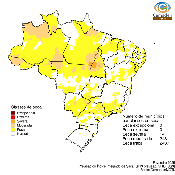 Figura 2 - Índice Integrado de Seca (IIS3) referente à previsão para fevereiro de 2025.