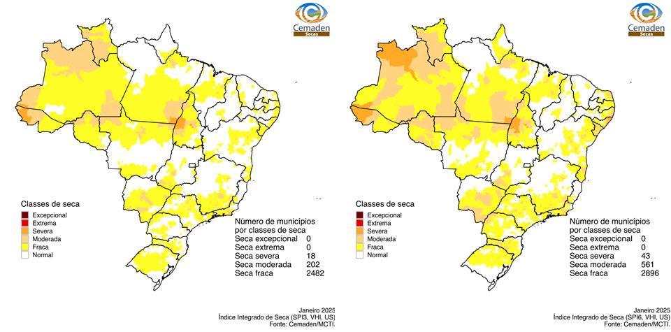 Figura 1 - Índice Integrado de Seca (IIS) referente ao mês de janeiro de 2025 nas escalas de 3 meses (IIS3, esquerda) e 6 meses (IIS6, direita).