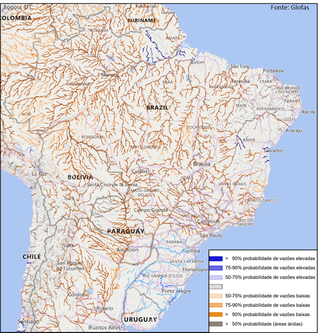 Previsão de vazão dos rios na América do Sul. Fonte dos dados: Modelo GloFlasde