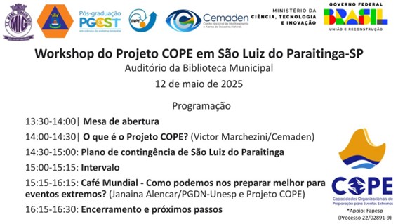 Programação Workshop do Projeto COPE na Biblioteca Municipal de São Luiz do Paraitinga(SP).