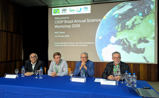 No Centro de Previsão de Tempo e Estudos Climáticos (CPTEC) do INPE, o coordenador-geral de Pesquisa e Desenvolvimento, Jose Marengo, representa o Cemaden durante a mesa de abertura do workshop anual da CSSP Brazil.