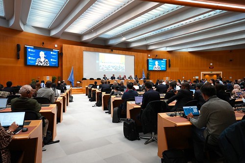 Auditório da OMM em Genebra (Suíça)onde foi realizada a Conferência sobre Resiliência à Seca 10+, nos dias 07 de setembro a 2 de outubro de 2024 (Foto OMM)