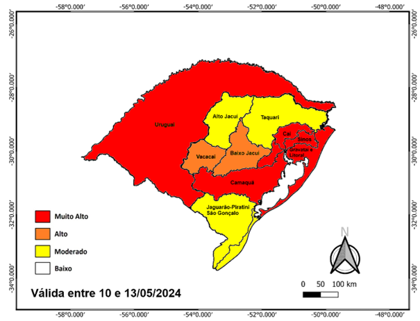 Figura 1 - Probabilidade de ocorrência de eventos hidrológicos em ao menos um município das bacias hidrográficas indicadas. Este mapa é elaborado por uma equipe multidisciplinar, levando em consideração os cenários de riscos hidrológicos atuais somados à previsão de chuva.