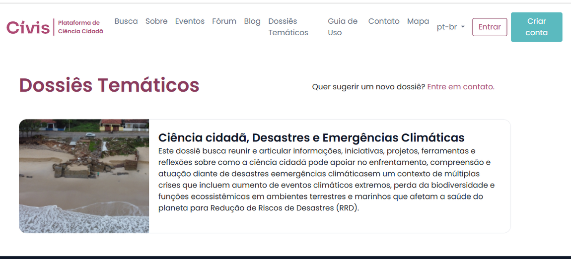 Dossiê Temático Ciência cidadã, Desastres e Emergências Climáticas, dentro da Plataforma Cívis.