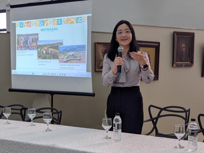 No evento de lançamento do Saber-Pardo, a coordenadora do projeto e pesquisadora do Cemaden Silvia Saito apresentou os objetivos, eixos estruturantes, etapas e resultados esperados da iniciativa.