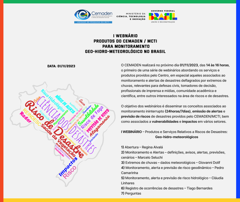 I Webinário do Cemaden sobre Produtos e Serviços relativos a risco de desastres geo-hidrometeorológico