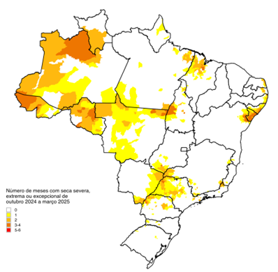 Figura 2 - Número de meses consecutivos com secas severa, extrema ou excepcional no período de outubro-2024 a março-2025.