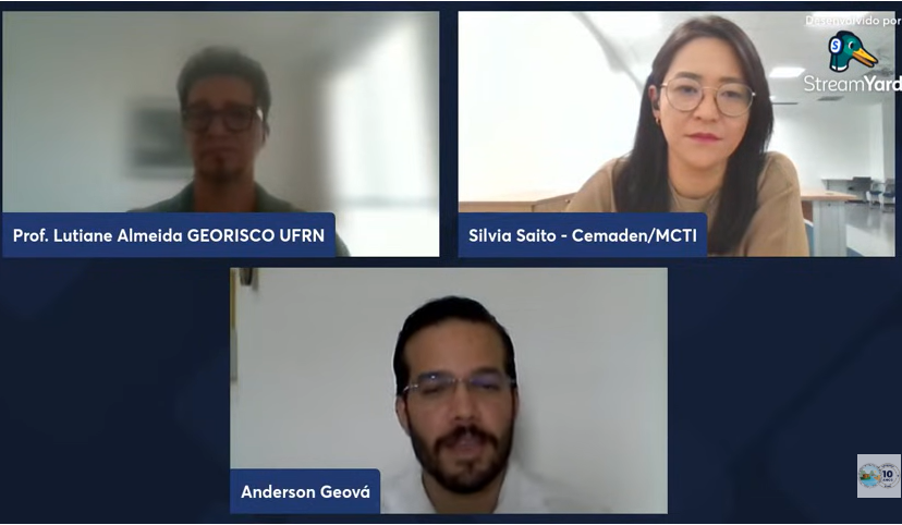 Os organizadores do livro “Indicadores de riscos de desastres no Brasil" : professor  Lutiane Almeida (UFRN), a pesquisadora Silvia Saito (Cemaden) e o moderador Anderson Geová, do Projeto Multirrisco (UFRN) , no lançamento virtual.  
