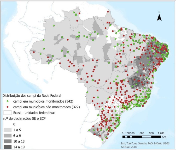 Distribuição dos campi da Rede Federal em municípios monitorados pelo Cemaden, em 2023, e declaração de Situação de Emergência(SE) e Estado de Calamidade Pública (ECP), no período de 2013 a 2020..jpg