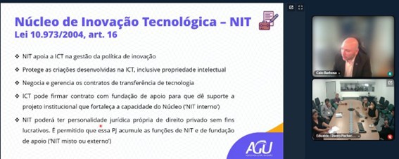 Competências do NIT dentro das Instituições de Inovação Tecnológica (ICTs) são destacados pelo advogado Caio Barbosa, chefe do Núcleo Especializado em Matéria de Pesquisa, Desenvolvimento e Inovação (PD&I), da AGU
