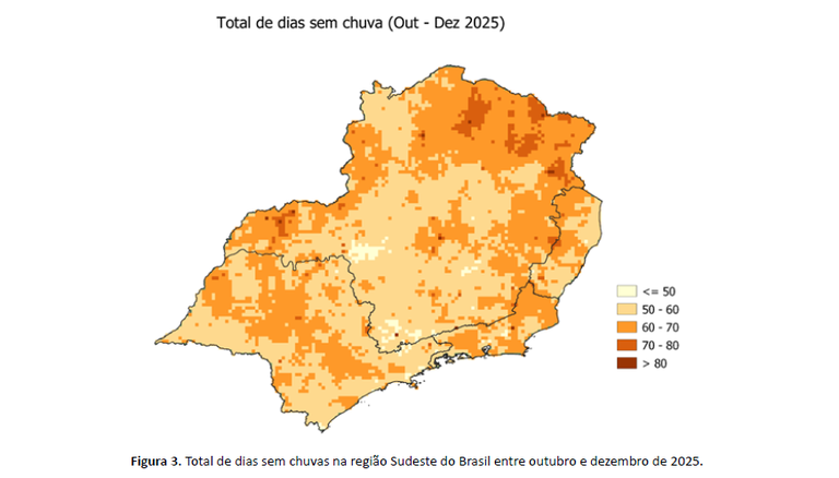 Total de dias sem chuva no Sudeste do Brasil (out-dez 2025)