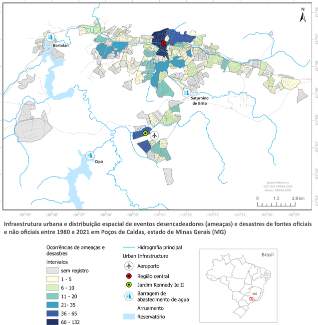 Infraestrutura urbana e distribuição espacial de ameaças e desastres, entre 1980 e 2021, em Poços de Caldas-MG.